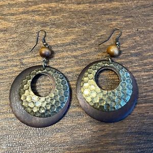 Vintage Wood Brass Earrings 2”